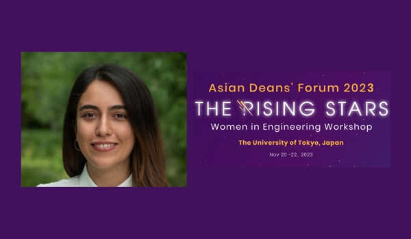 Dr Elnaz Azizi shortlisted for the Rising Stars Women in Engineering. The image is a graphic with a medium purple background with a head-shot photo of Elnaz and text saying: "Asian Deans' Forum 2023 | The Rising Stars | Women in Engineering Workshop | The University of Tokyo, Japan | Nov 20 - 22, 2023"
